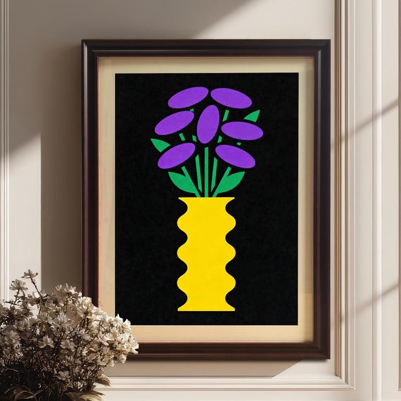 Abstract Geometric Purple Flower Vase Art Print Wood Framed Gicle Wall Decor