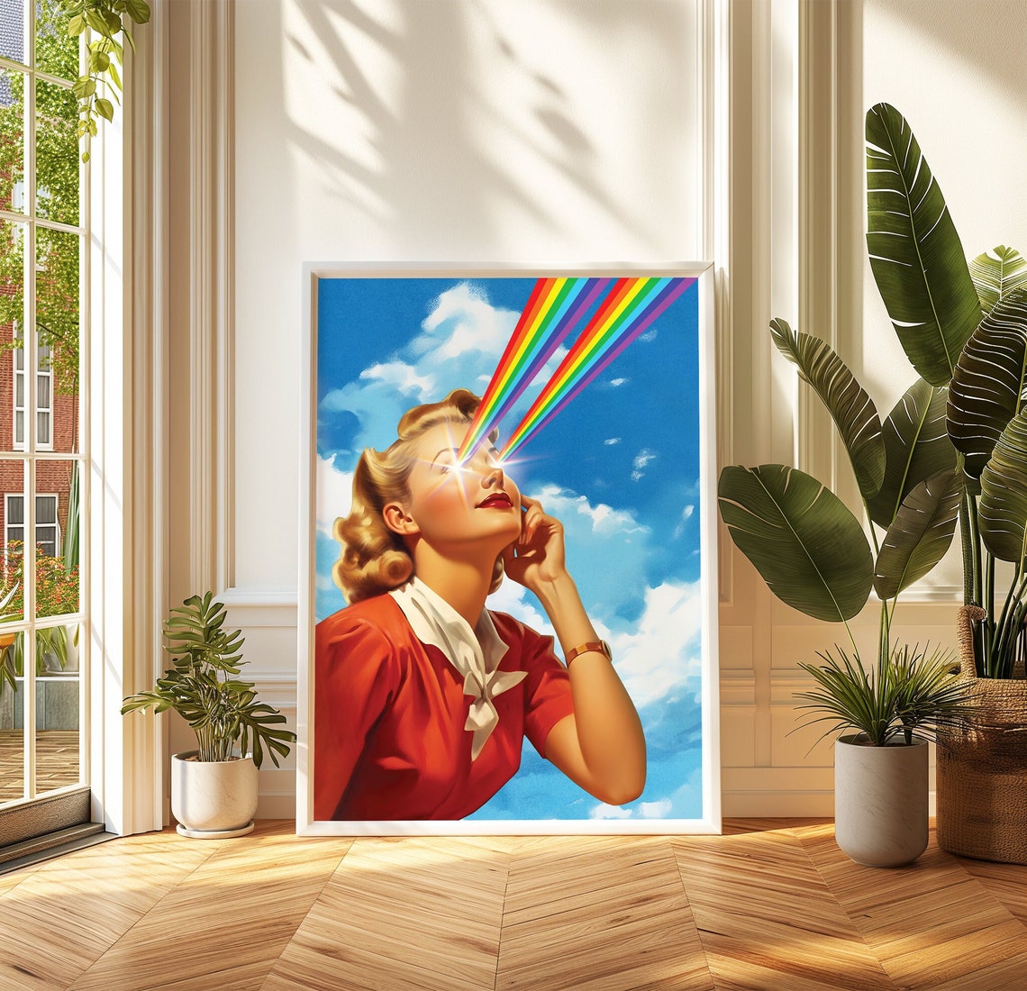 Open Your Eyes Retro Woman Rainbow Beams Cosmic Vision Art Poster