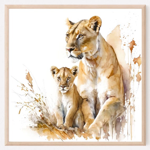 Lioness Painting Watercolor Of A Lion And Cub Art Print Li