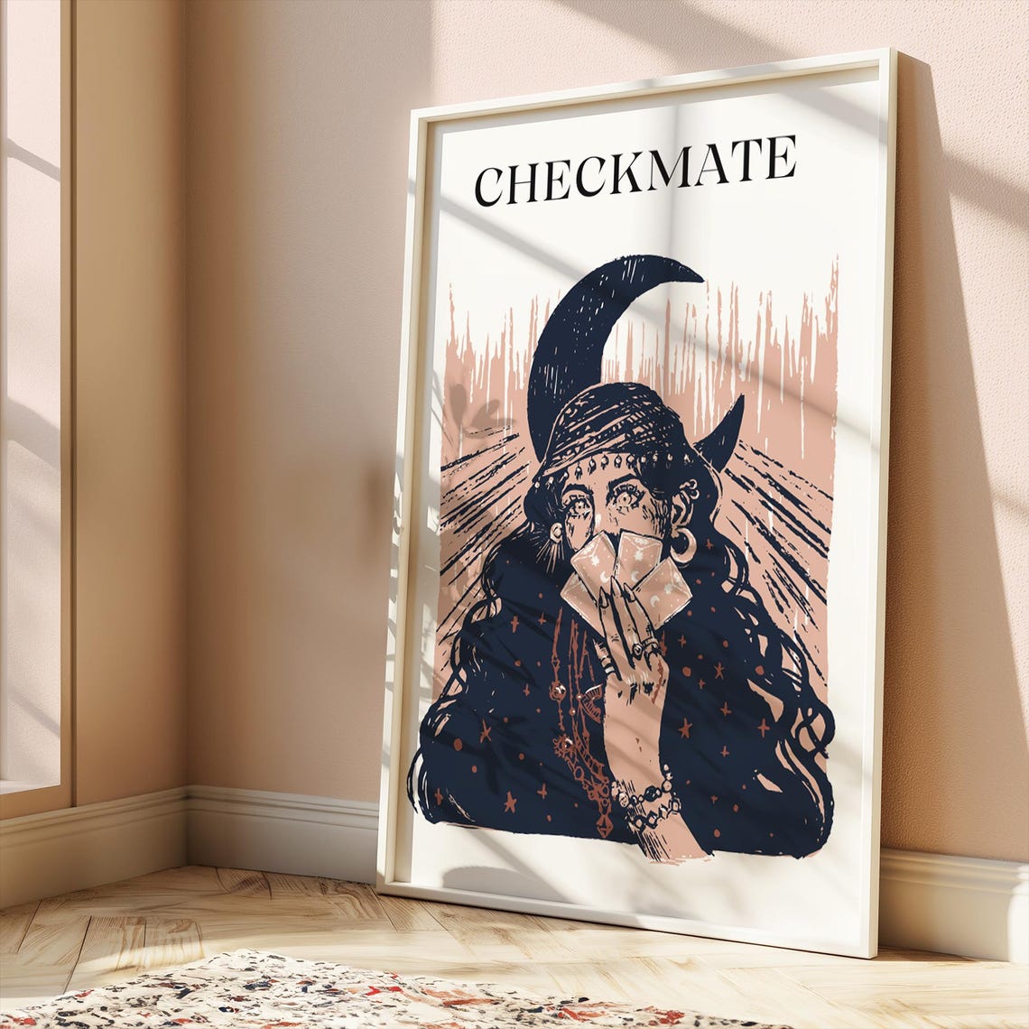 Checkmate Tarot Witch Crescent Moon Holding Cards Poster Mystical Art - Image 4