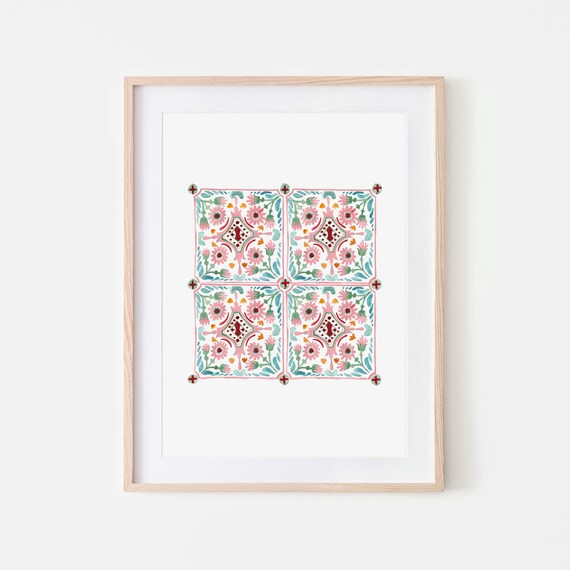 Moroccan Tiles Wall Art, Watercolor Home Decor