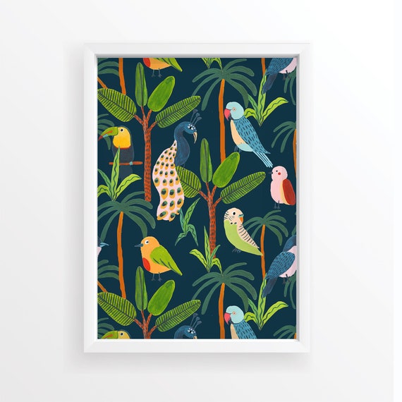 Parrot Peacock Toucan Botanical Animal Print, Nursery
