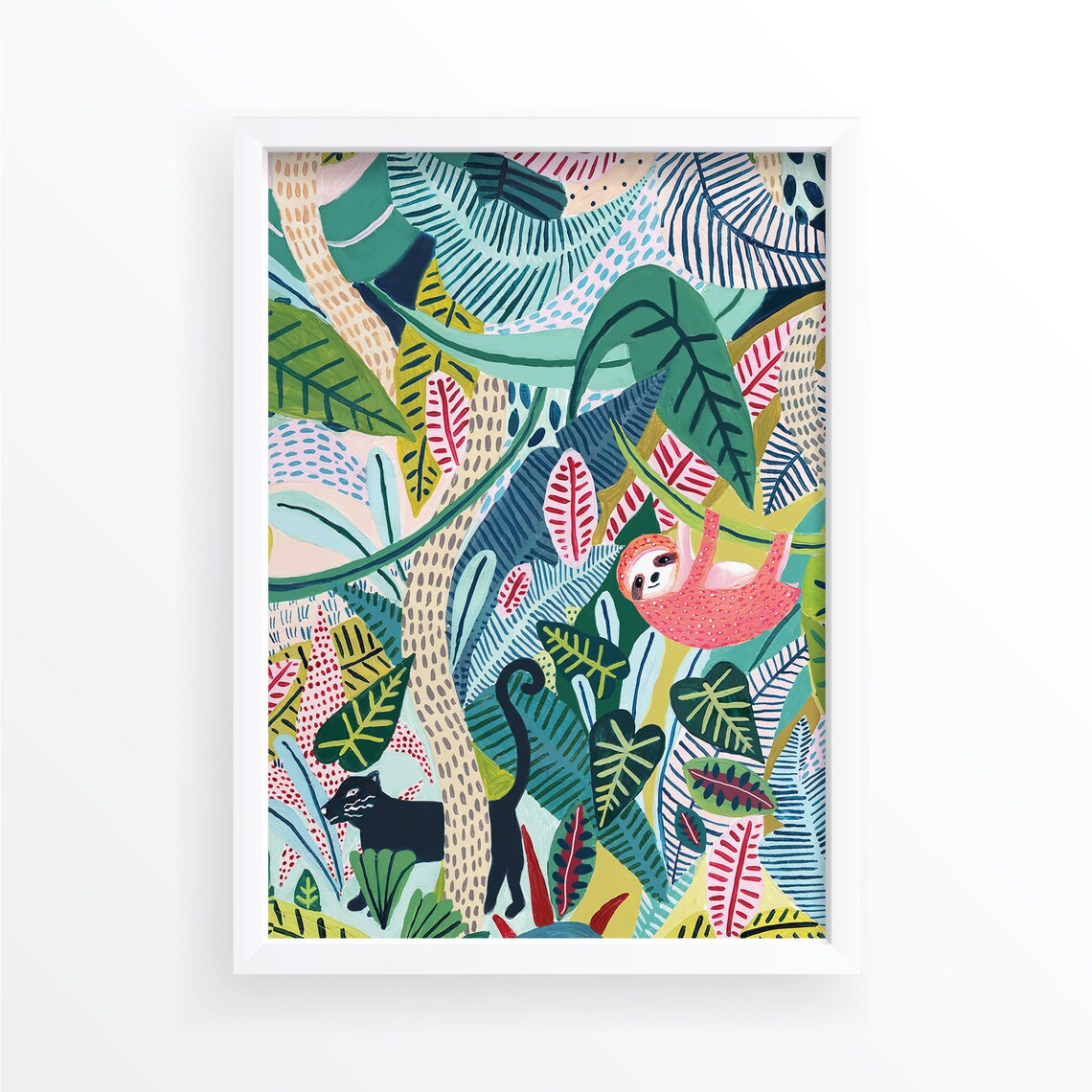 Sloth Jungle Gift Botanical Illustration Poster