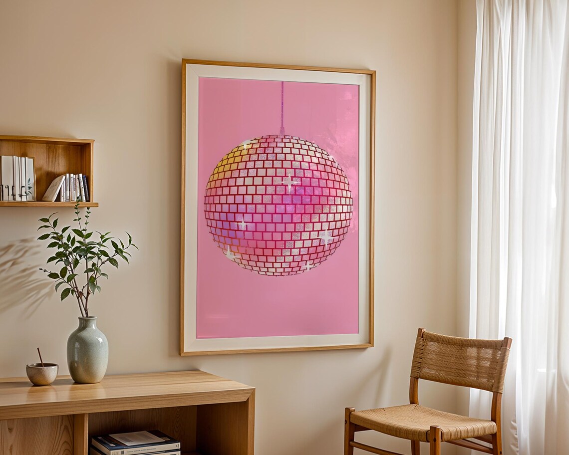 Pink Disco Ball Poster Print, 70s Retro Party Decor