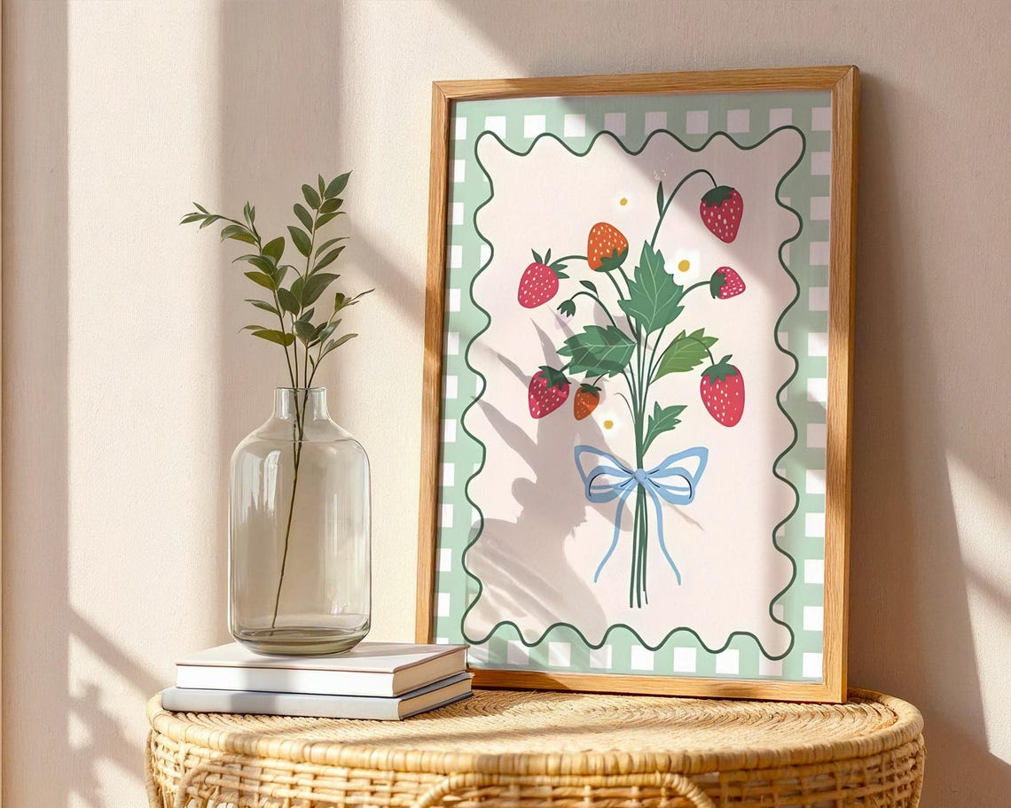 Cute Strawberry Bouquet Art Print Retro Gingham Checkered Poster Cottagecore Kitchen Wall Decor Summer Fruit Bow Gift Idea