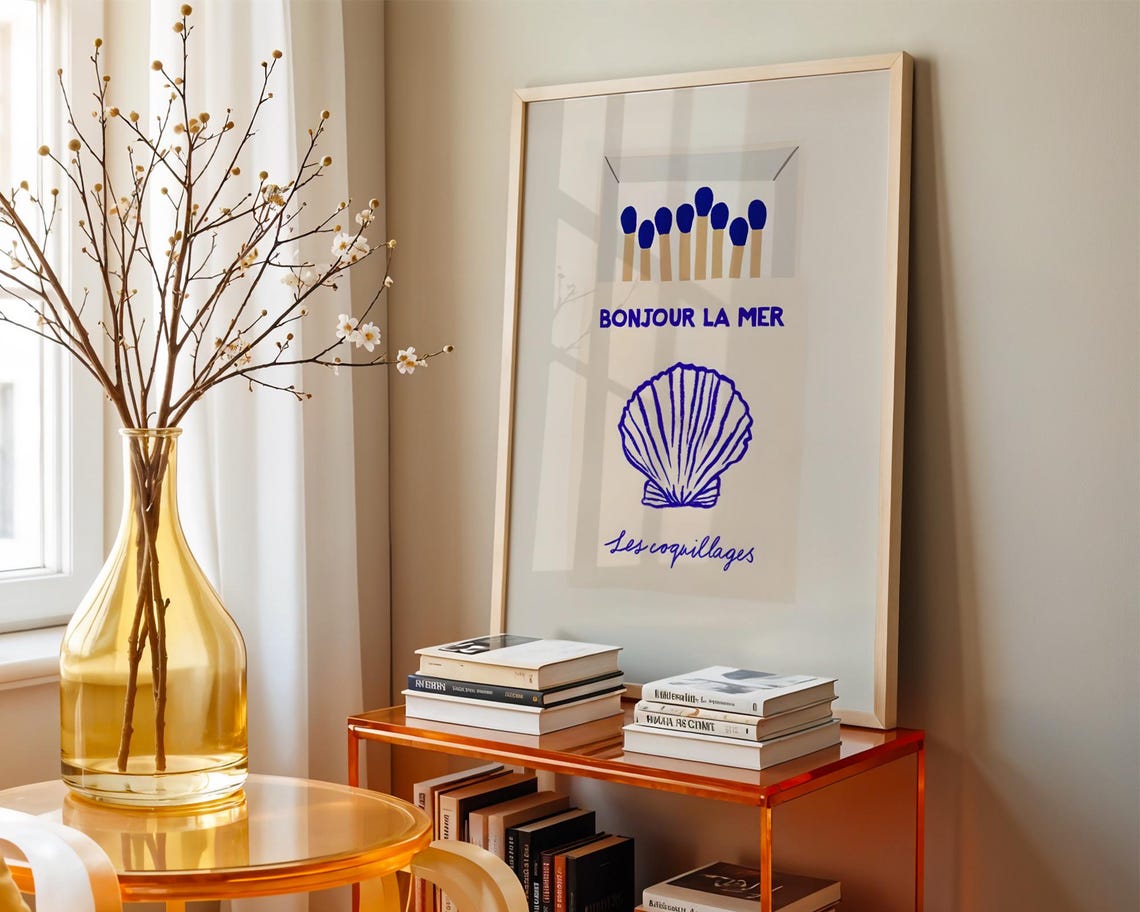 Bonjour La Mer French Coastal Shell Art Blue Scallop Decor Poster