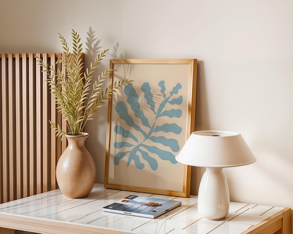 Minimalist Light Blue Leaf Botanical Dusty Beige Neutral Wall Art