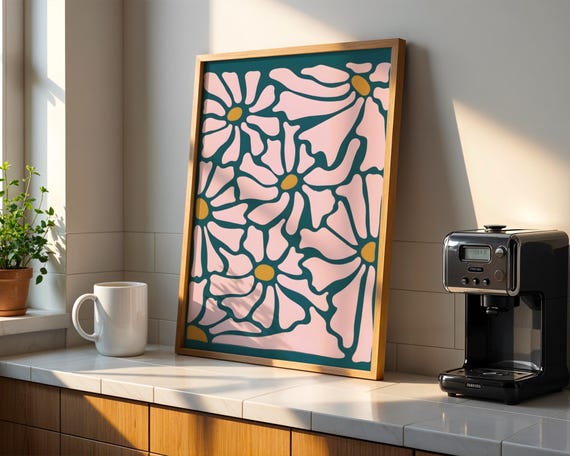 Retro Pink Teal Floral Art Print Groovy Daisies Botanical Wall Decor Matisse Style Flower Poster Aesthetic Trendy Dorm Apartment Gift