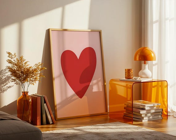 Bold Red Heart Art Print Minimalist Pink And Poster Modern Romantic Wall Decor Preppy Aesthetic Dorm Room Dopamine Gift