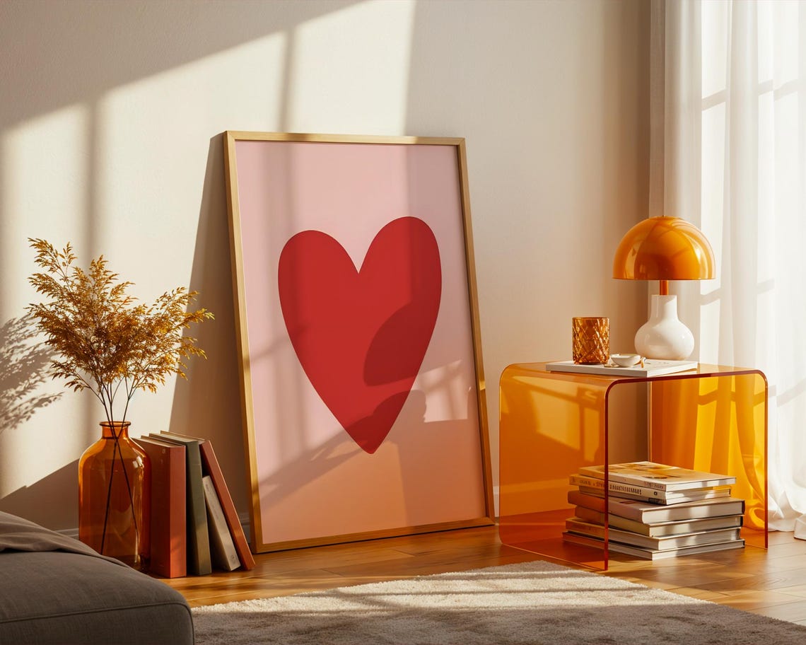 Red Heart Minimalist Pink Background Love Pop Art Decor Poster