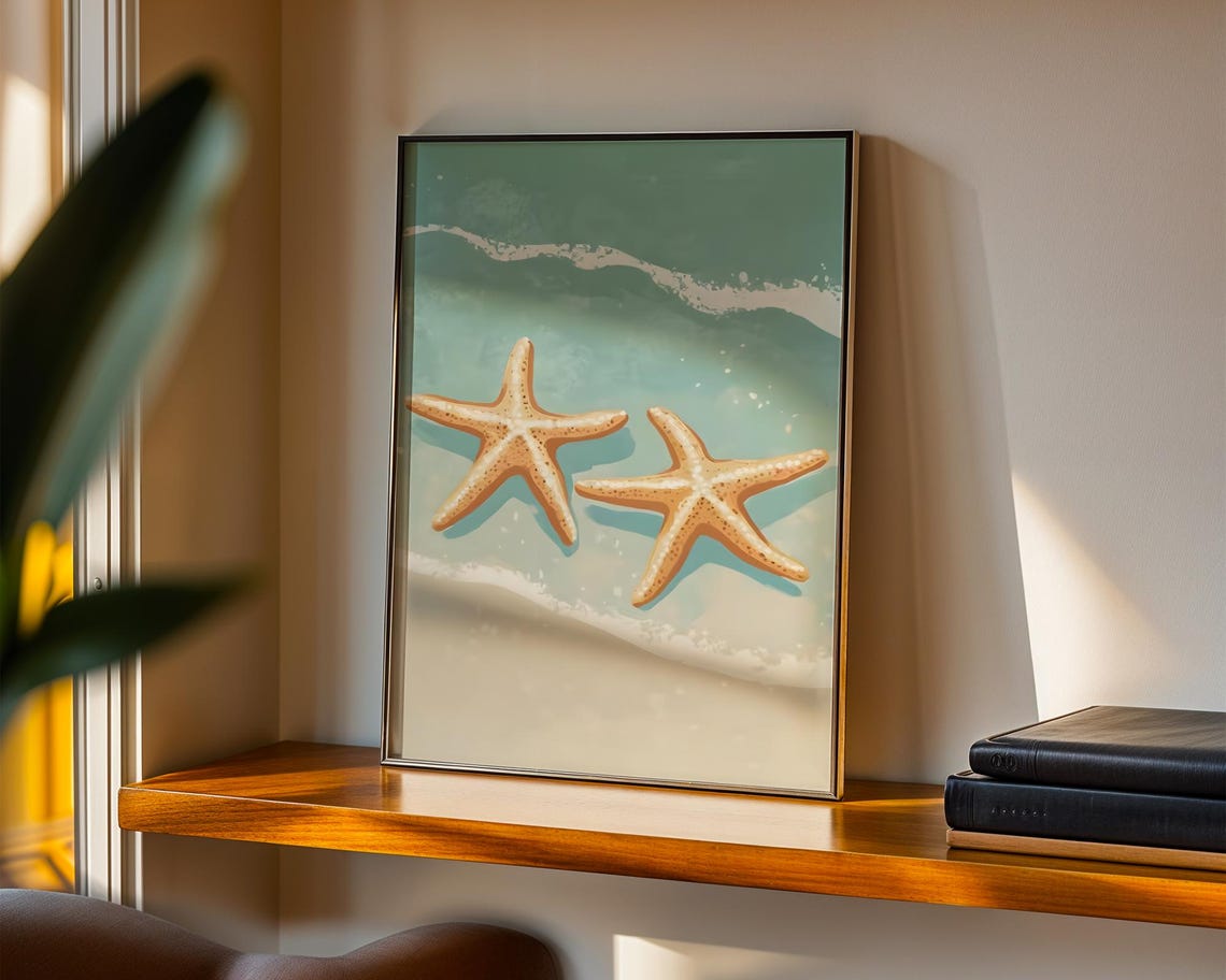 Ocean Starfish Beach Art Print Retro Sea Wave Aerial Poster Cute Turquoise Coastal Wall Decor Summer Vacation Bathroom Gift Idea