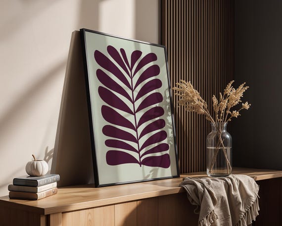 Minimalist Botanical Leaf Art Print Boho Deep Crimson Red Poster Modern Organic Plant Decor Chic Scandi Dorm Gift Idea