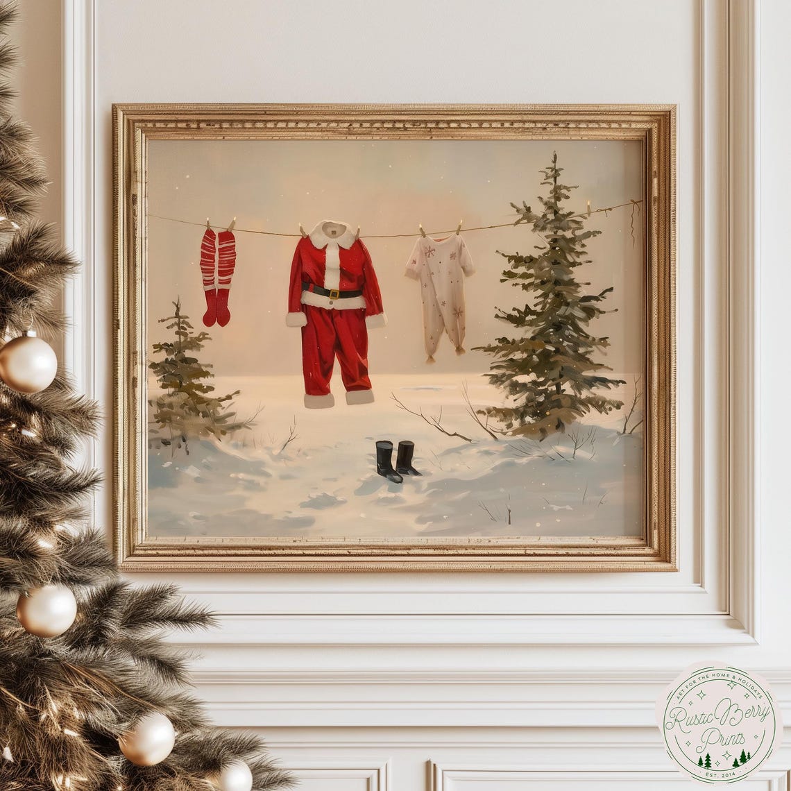 Santa Suit on Snowy Clothesline Laundry Whimsical Christmas Art Poster
