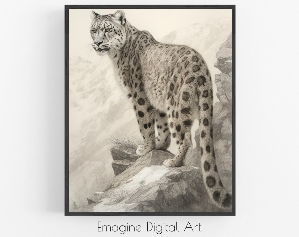 Art Snow Leopard On Mountain Bw Illustration Wildlife Wall Decor To Instantly Print And Frame Wl26