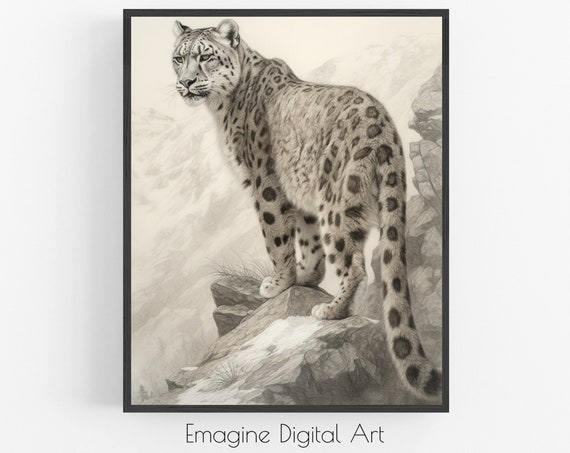 Art Snow Leopard On Mountain Bw Illustration Wildlife Wall Decor To Instantly Print And Frame Wl26