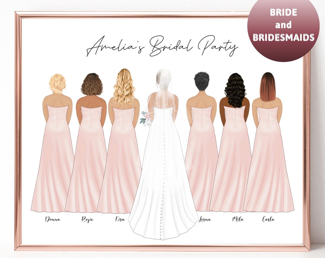 Amelia's Bridal Party Bride and Six Bridesmaids Custom Poster