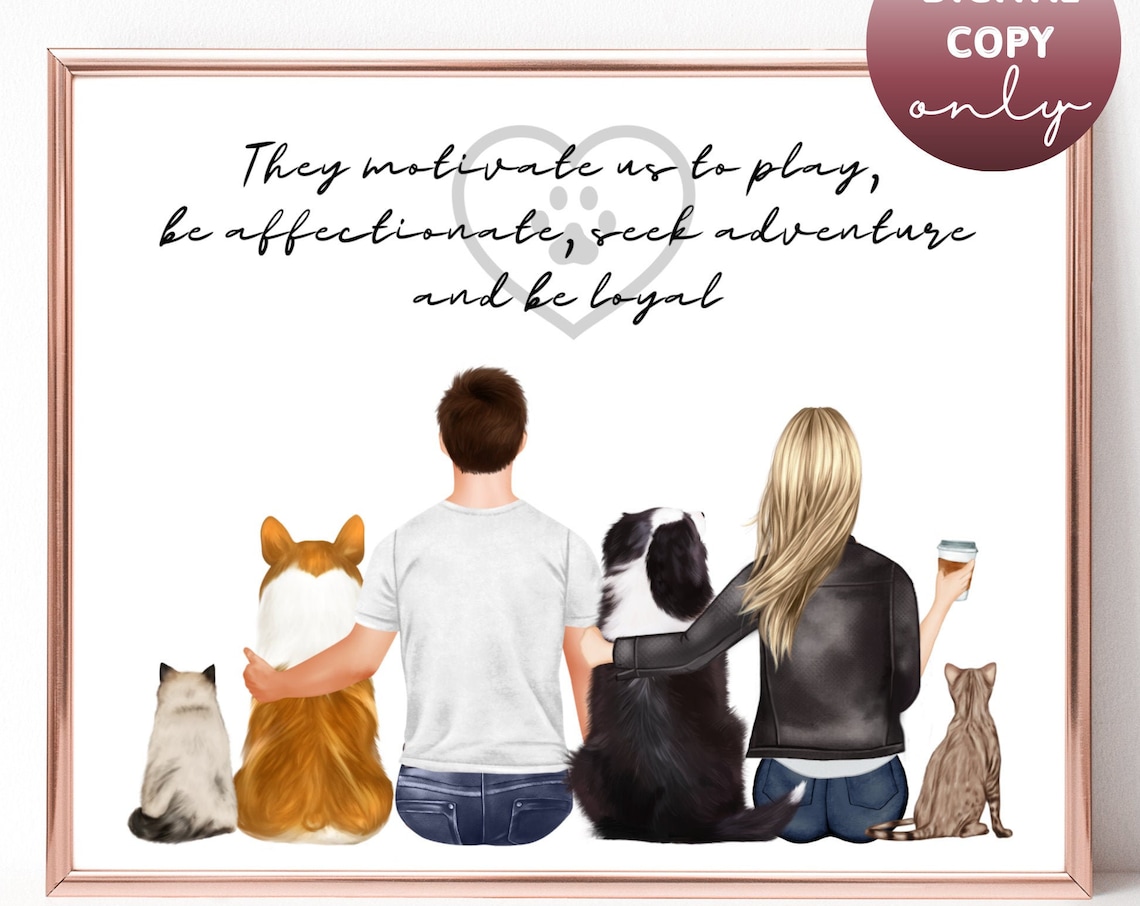 Couple with Two Dogs and Two Cats Pet Lover Custom Portrait Poster