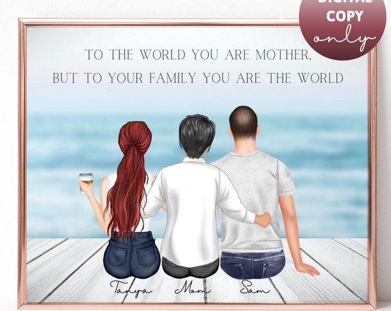Mom With Daughter and Son Ocean Pier Family Custom Portrait Illustration Poster