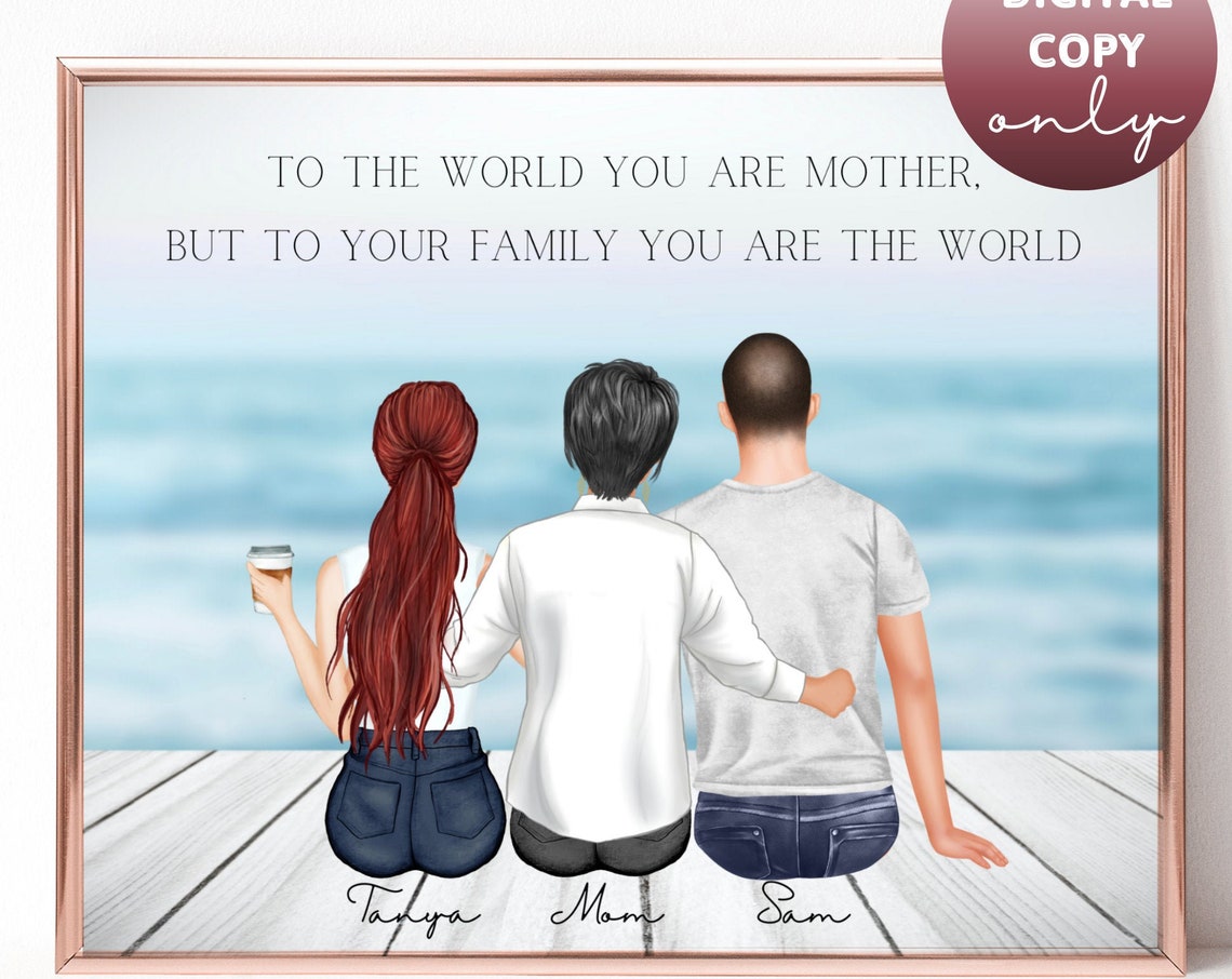 Mom With Daughter and Son Ocean Pier Family Custom Portrait Illustration Poster