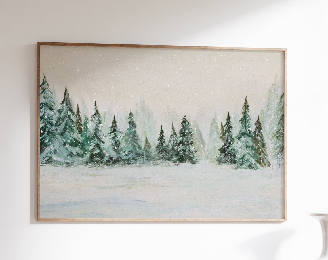Snowy Pine Forest Winter Landscape Falling Snow Watercolor Art Print
