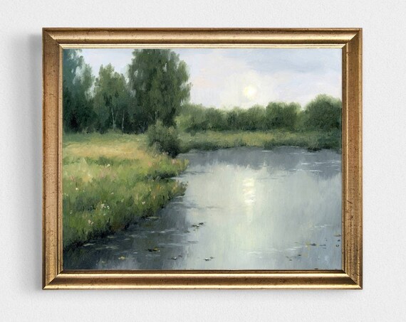 Evening Lake Vintage Style Landscape Art Print