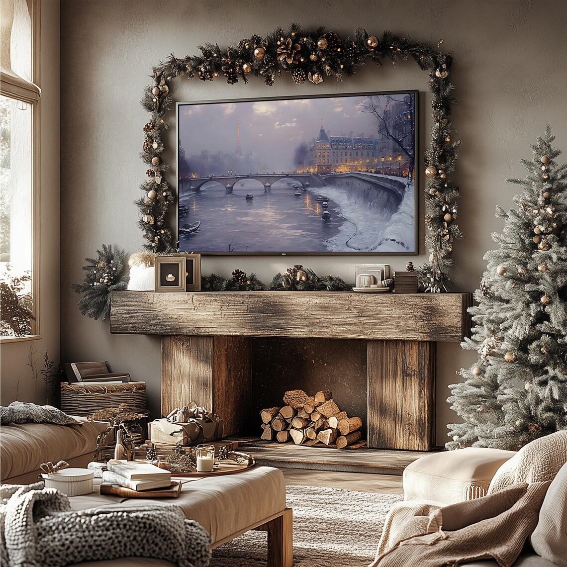 Serene Winter Paris Seine River Eiffel Tower Snowy Banks Frame TV Poster - Image 4