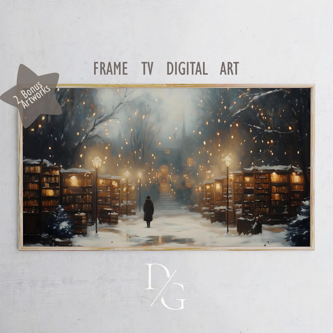 Snowy Book Market Street with Glowing Shelves Frame TV Poster