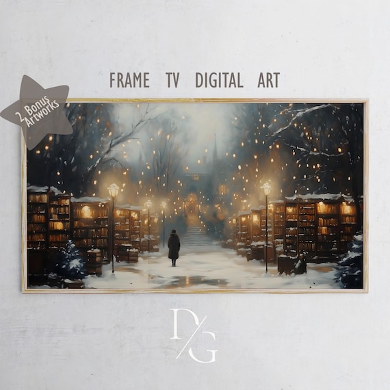 Snowy Book Market Street with Glowing Shelves Frame TV Poster