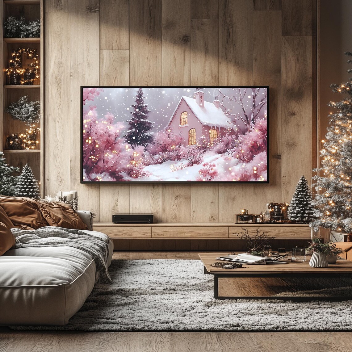 Enchanted Winter Cottage Pink Blossom Trees Snowy Night Frame TV Poster - Image 2