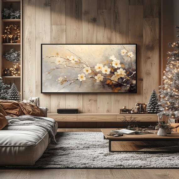White Winter Blossoms Delicate Floral Branches Painting Frame TV Poster