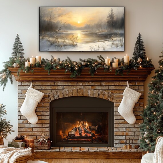 Winter Sunrise Over Misty Snowy River Golden Light Landscape Frame TV Poster