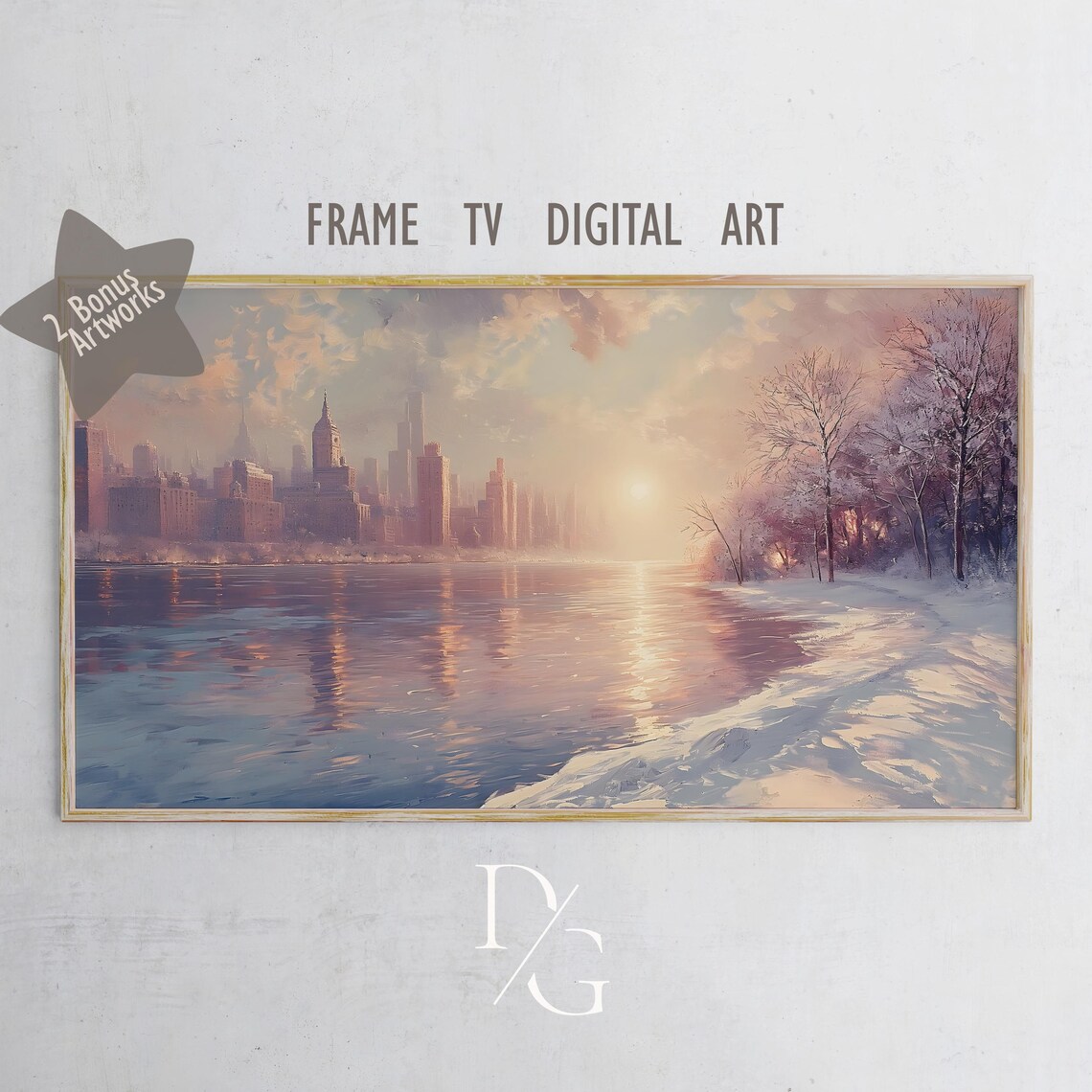 Sunrise Over Snowy City River Winter Landscape Painting Frame TV Poster - Image 5