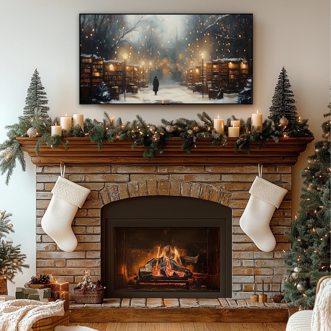 Snowy Book Market Street with Glowing Shelves Frame TV Poster - Image 2