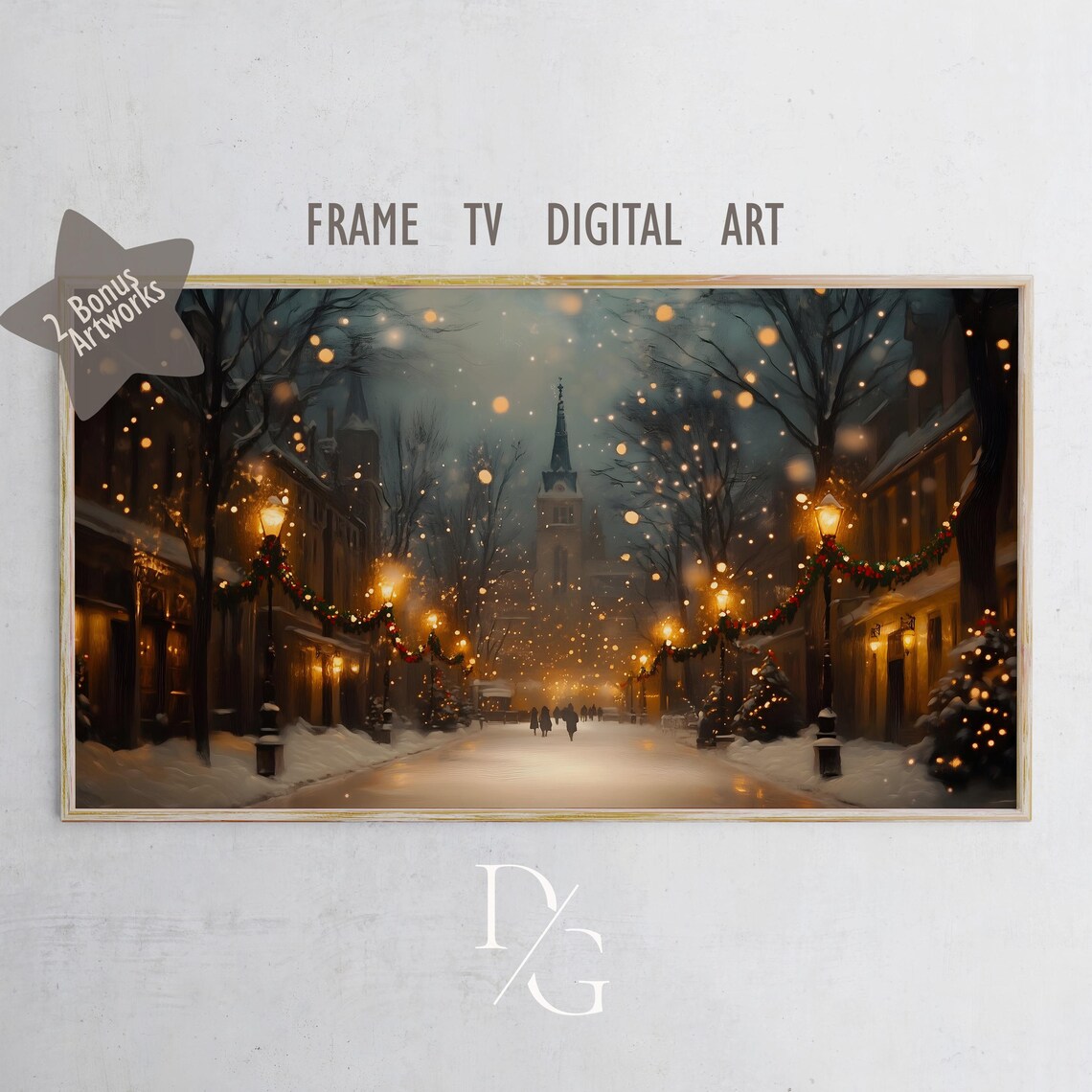 Magical Night Time Winter Street Snowy Town Lantern Glow Frame TV Poster - Image 5