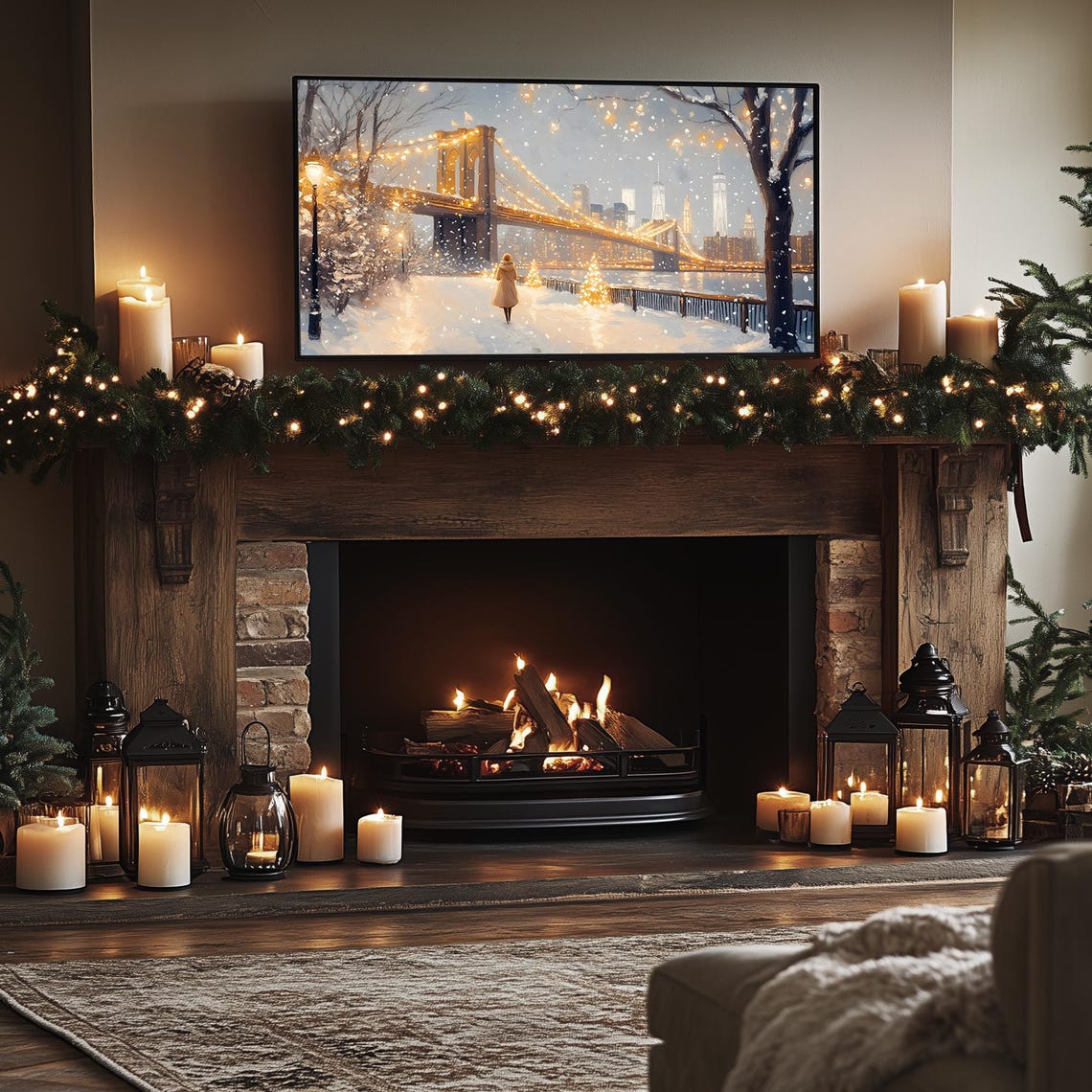 Snowy New York City Brooklyn Bridge at Night Frame TV Poster - Image 4