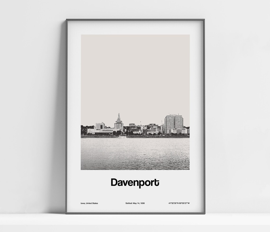 Downtown Davenport, Minimalist Mississippi River Poster