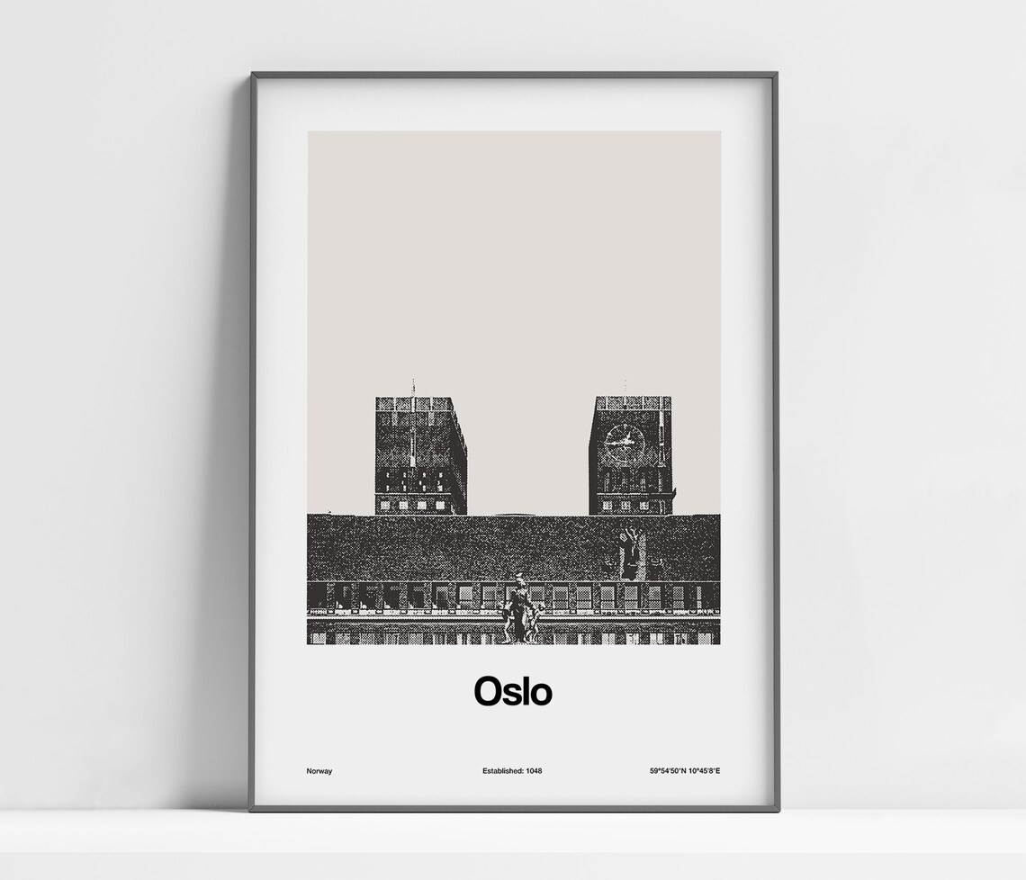 Oslo Print Oslo Poster Oslo City Hall Skyline Scandinavian Oslo Norway Travel Nordic Black White Wall Art Minimalist Custom City Print