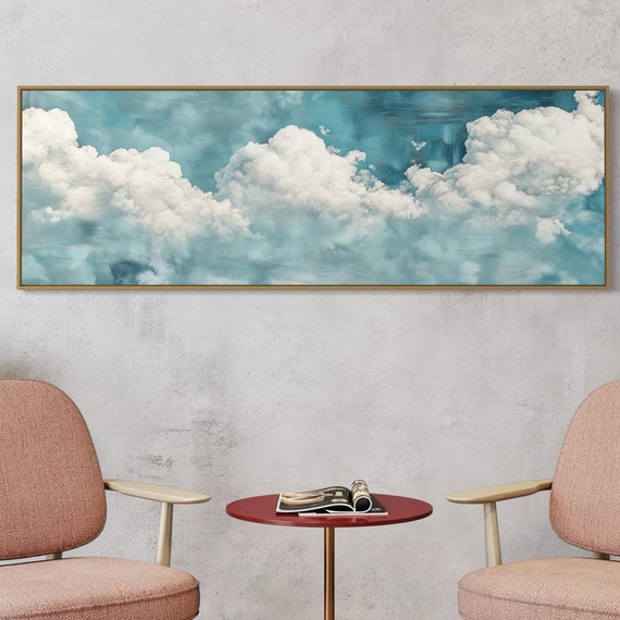 Dreamy Cloudscape Wall Art Long Narrow Blue And White Cloud Serene Sky Painting Print And Gentle Minimalist Home Charm