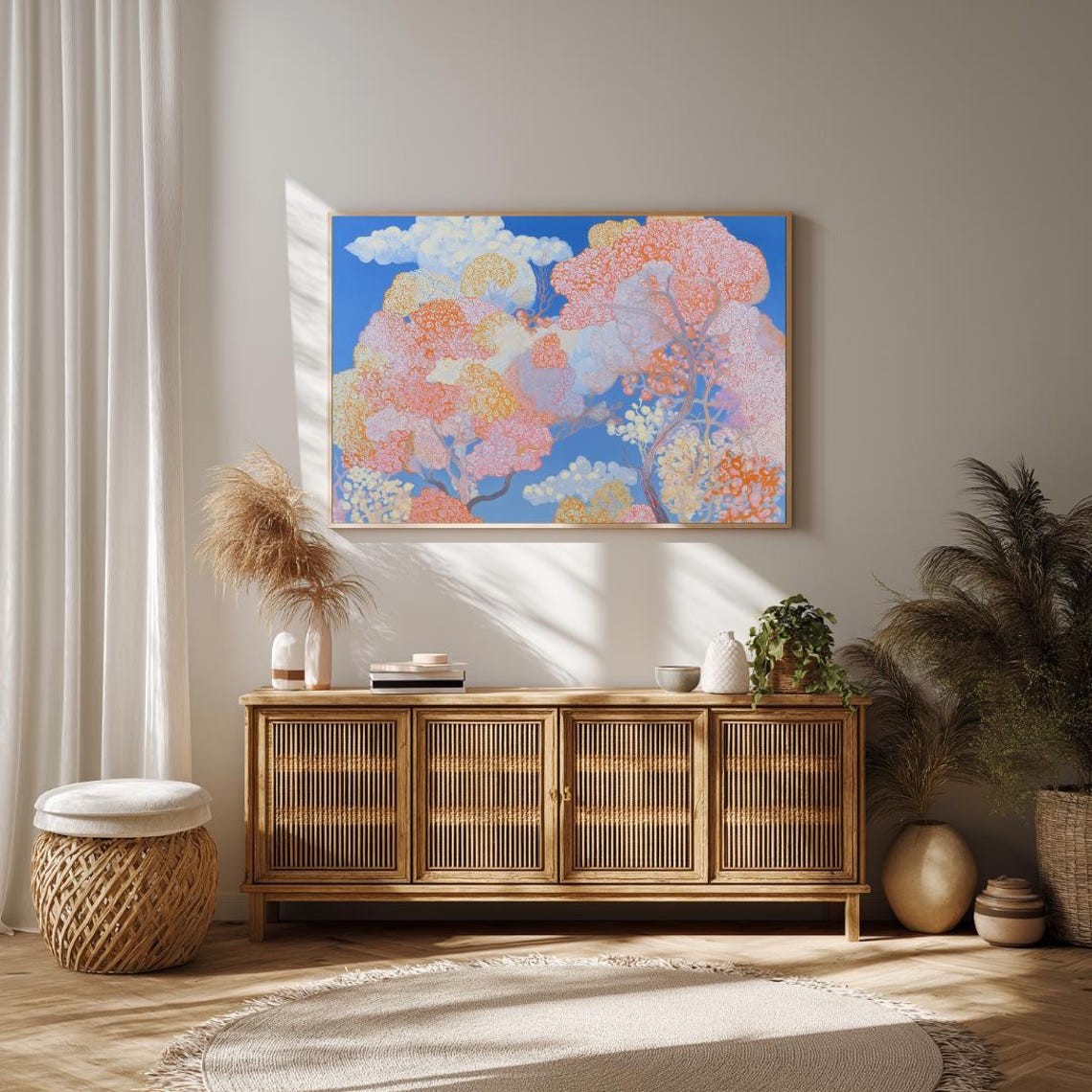 Blossoming Pink Trees Under a Blue Sky Spring Floral Art Poster