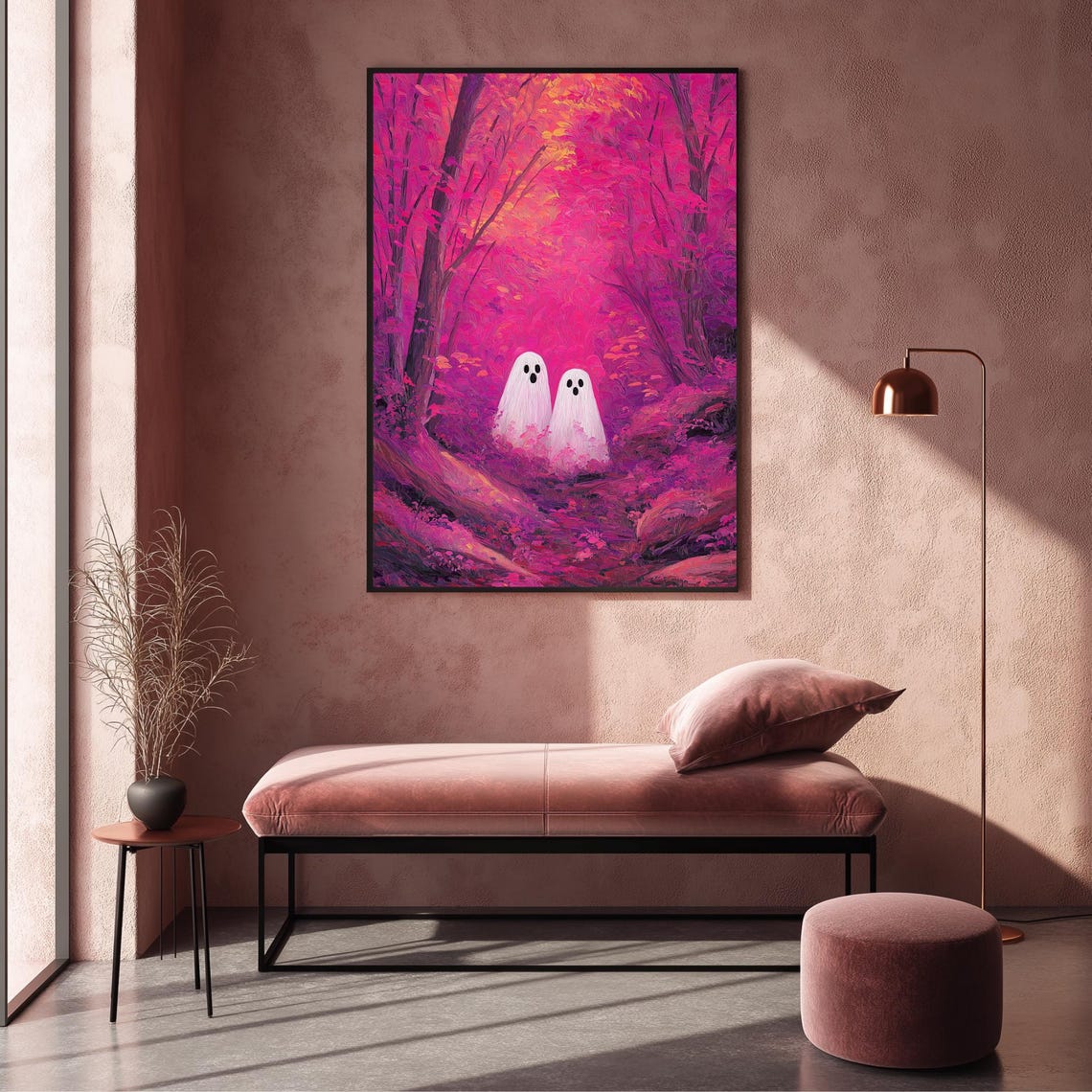 Two Cute Ghosts In Pink Autumn Forest Halloween Night Art Poster