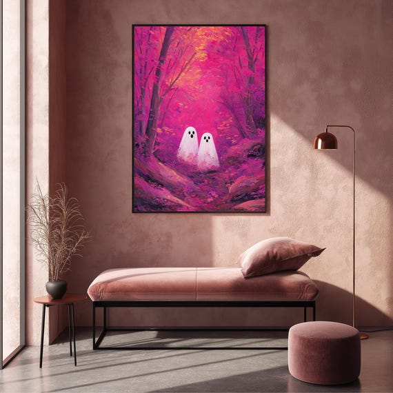 Queer Couple Wall Art Cute Pink Forest Oil Painting Print Whimsical Halloween Love Artwork Vibrant High Contrast Lover Decor