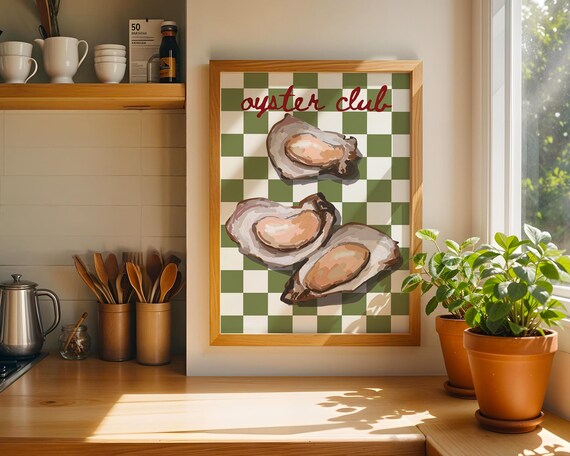 Oyster Club Green Checkered Three Oysters Kitchen Art Poster