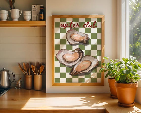 Oyster Print Kitchen Poster Seafood Wall Art Eclectic Bar Cart And Dining Decor New Home Gift Dinner Party Green