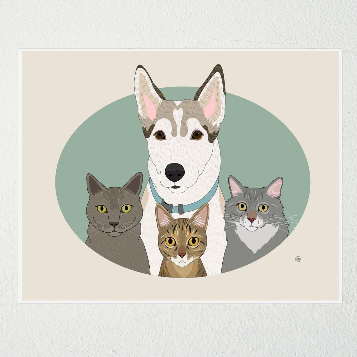Two Dogs and Three Cats Group Pet Portrait Custom Illustration Poster - Image 2