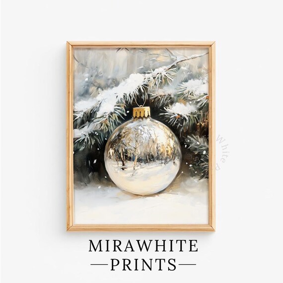 Silver Christmas Ornament Snowy Pine Branch Winter Painting Wall Art