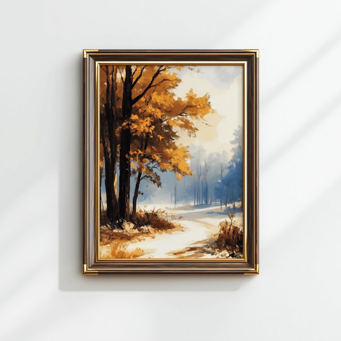 Golden Winter Forest Path Vintage Oil Painting Misty Trees Art Poster