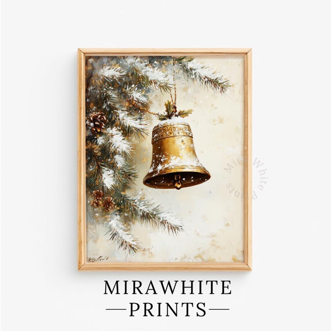 Golden Christmas Bell Print Holly Snow Pine Branch Vintage Holiday Art