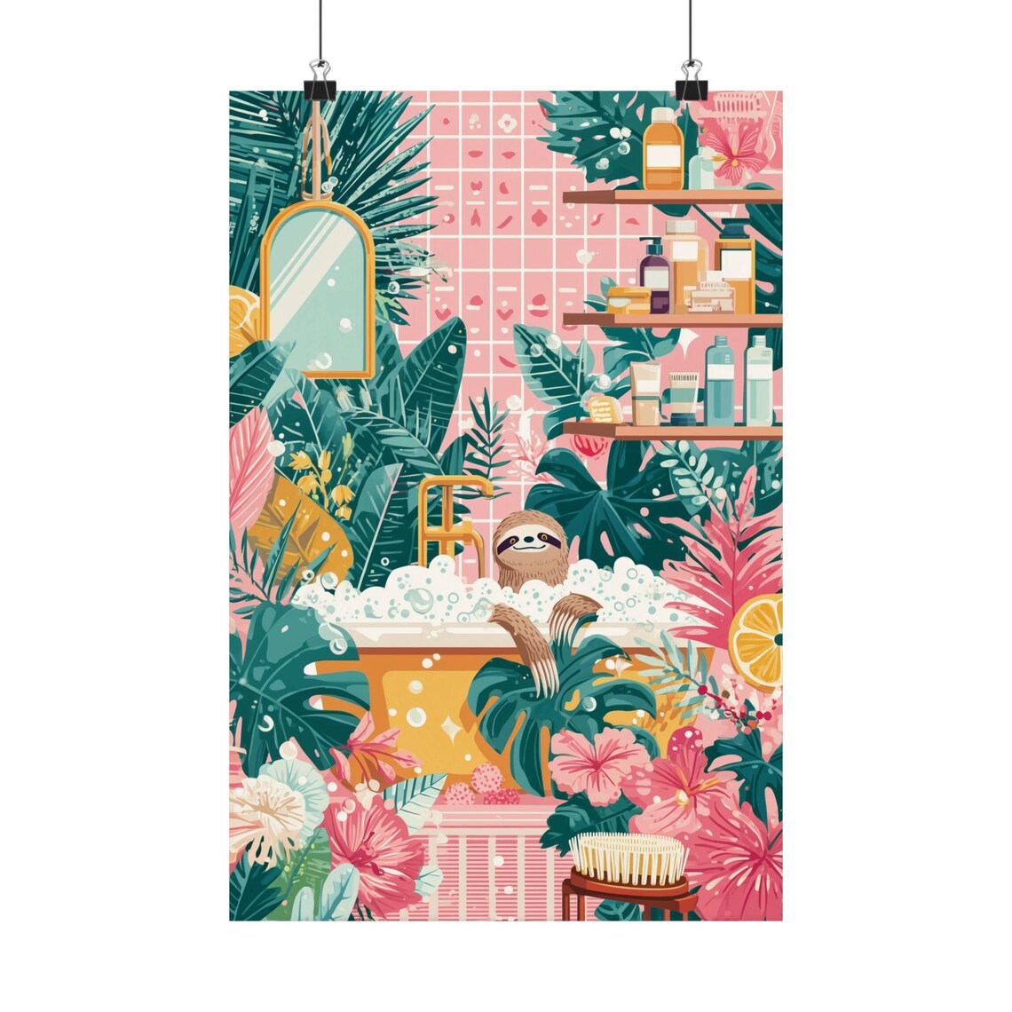 Cute Sloth In Bubble Bath Surrounded By Tropical Flowers And Leaves Poster