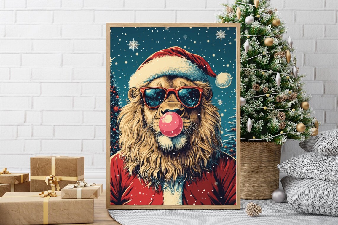 Lion Santa Hat Sunglasses Christmas Funny Holiday Animal Poster