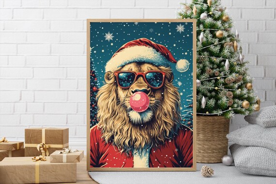 Lion Santa Hat Sunglasses Christmas Funny Holiday Animal Poster